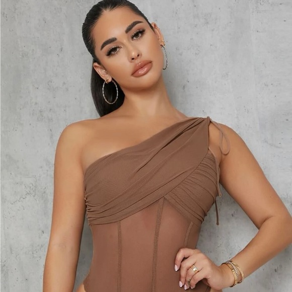 Corset One Shoulder Bodysuit Sheer with ties - Picture 1 of 7